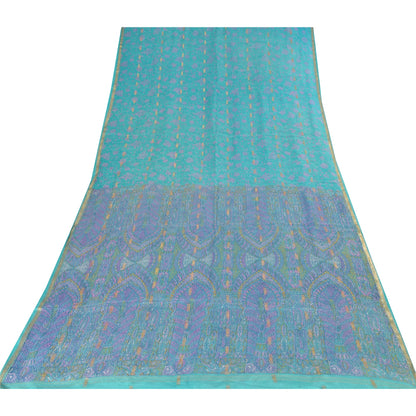 Sanskriti Vintage Sarees Blue Woven Printed Pure Silk Sari 5yd Craft Fabric