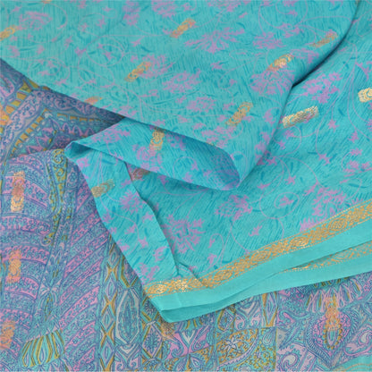 Sanskriti Vintage Sarees Blue Woven Printed Pure Silk Sari 5yd Craft Fabric