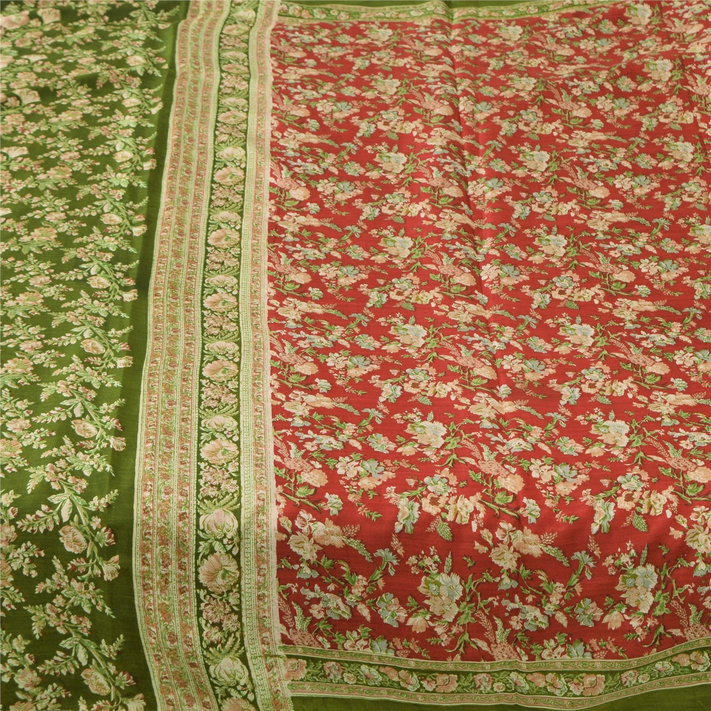 Sanskriti Vintage Sarees Red/Green Pure Silk Printed Sari 5yd Soft Craft Fabric