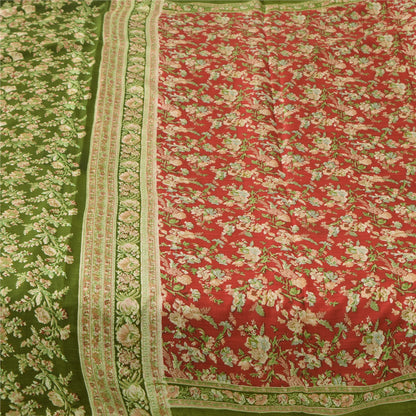 Sanskriti Vintage Sarees Red/Green Pure Silk Printed Sari 5yd Soft Craft Fabric