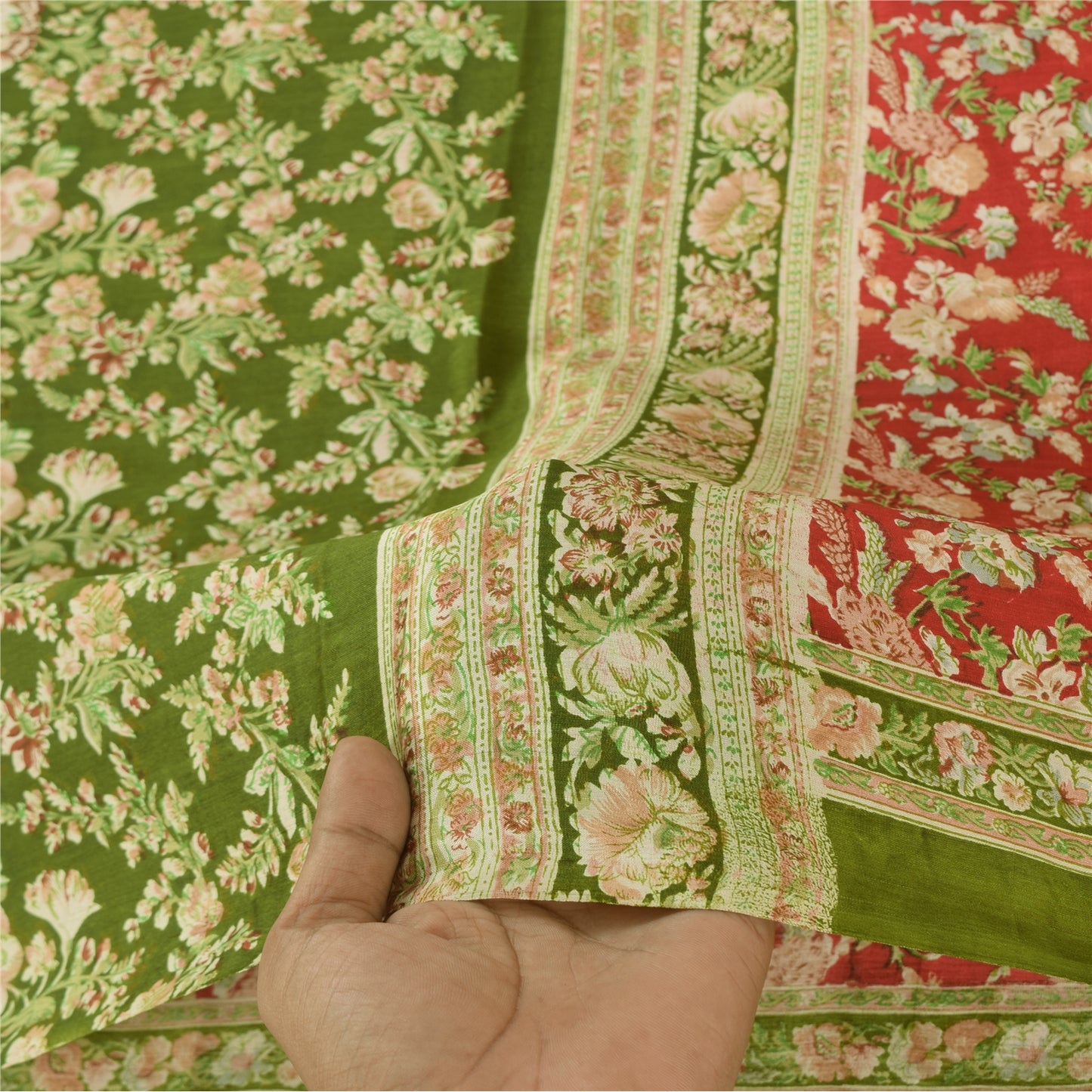 Sanskriti Vintage Sarees Red/Green Pure Silk Printed Sari 5yd Soft Craft Fabric