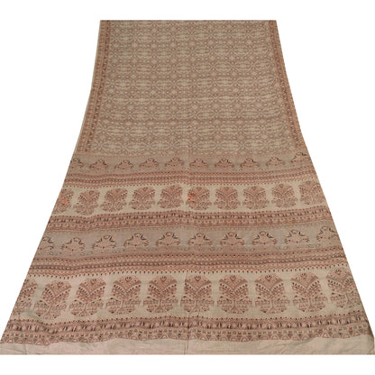 Sanskriti Vintage Sarees Brown 100% Pure Silk Printed Sari 6yd Craft Fabric