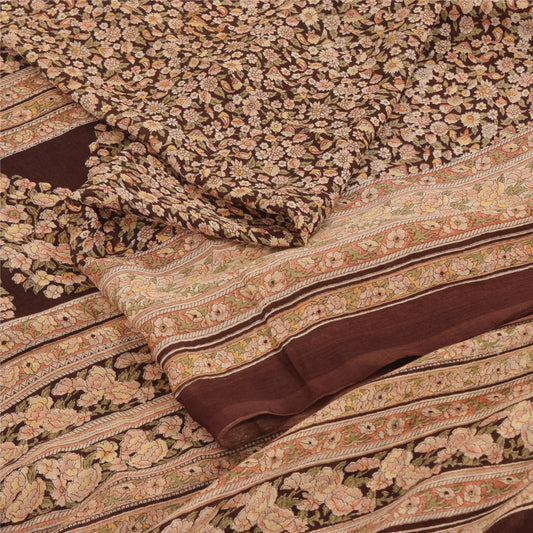 Sanskriti Vintage Sarees Indian Brown Pure Silk Printed Sari 6yd Craft Fabric