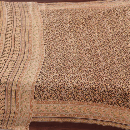 Sanskriti Vintage Sarees Indian Brown Pure Silk Printed Sari 6yd Craft Fabric