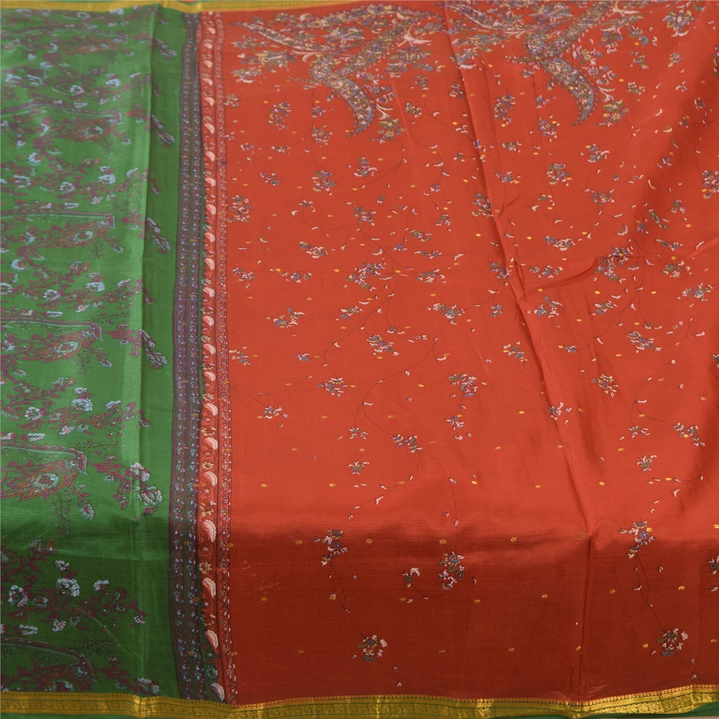 Sanskriti Vintage Sarees Red Zari Border Pure Silk Printed Sari 5yd Craft Fabric