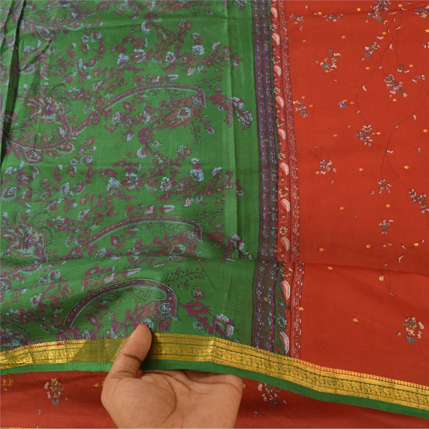 Sanskriti Vintage Sarees Red Zari Border Pure Silk Printed Sari 5yd Craft Fabric