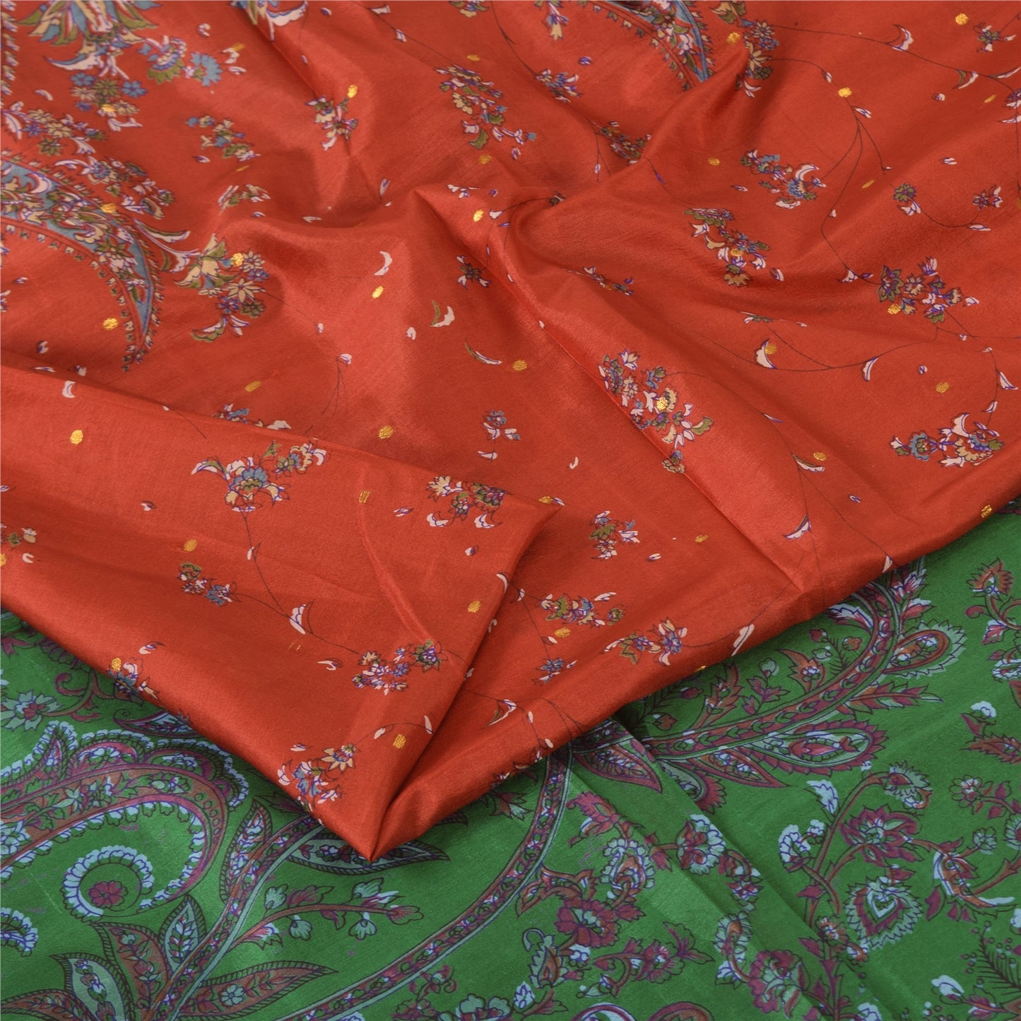 Sanskriti Vintage Sarees Red Zari Border Pure Silk Printed Sari 5yd Craft Fabric