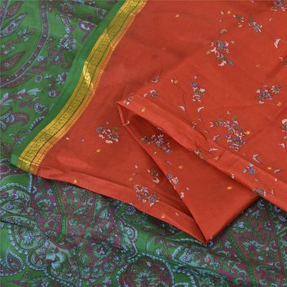 Sanskriti Vintage Sarees Red Zari Border Pure Silk Printed Sari 5yd Craft Fabric