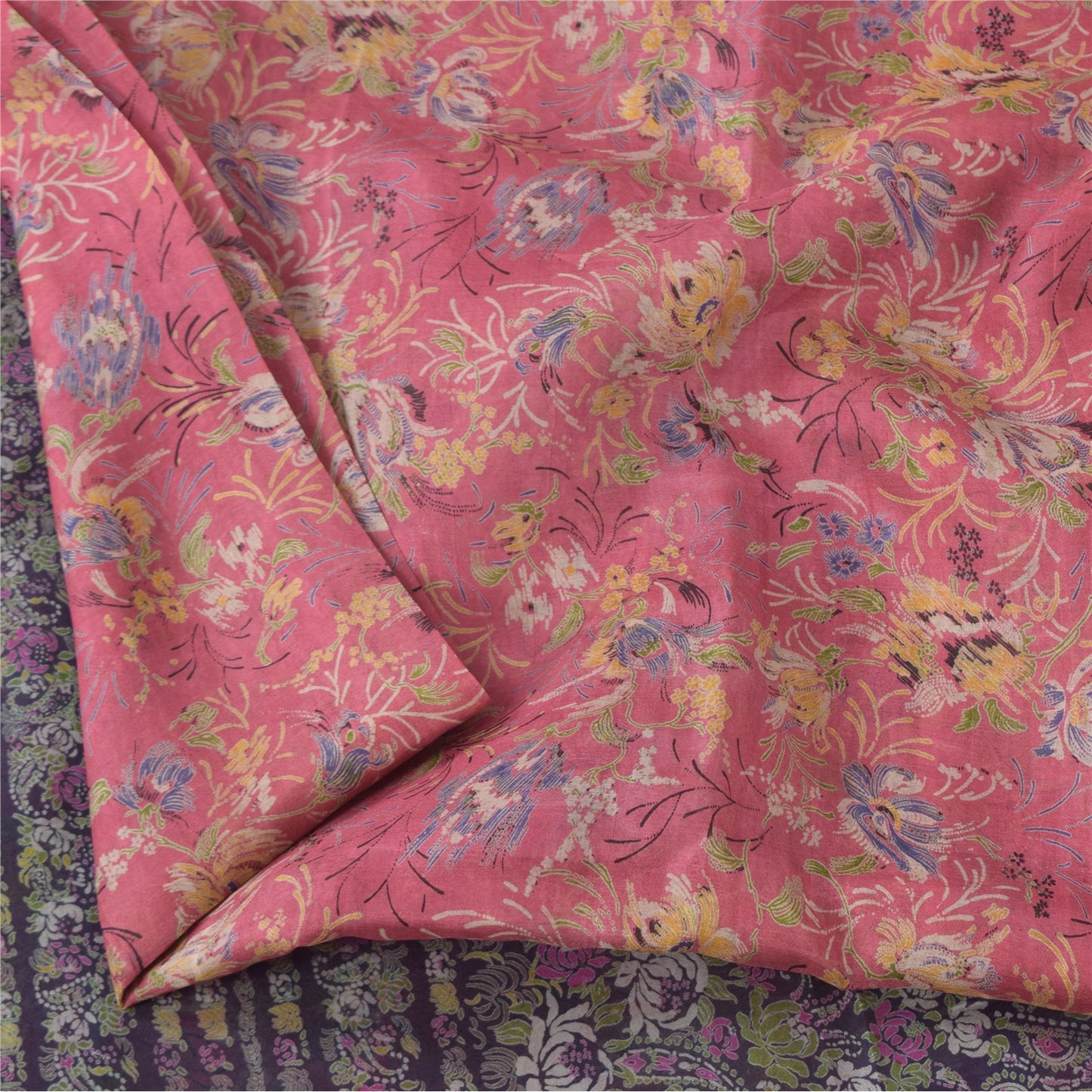 Sanskriti Vintage Sarees Pink Pure Silk Printed Sari 5yd Craft Fabric