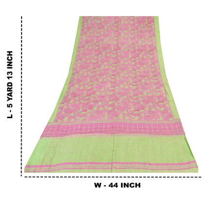 Sanskriti Vintage Sarees Pink/Green 100% Pure Silk Printed Sari 5yd Craft Fabric