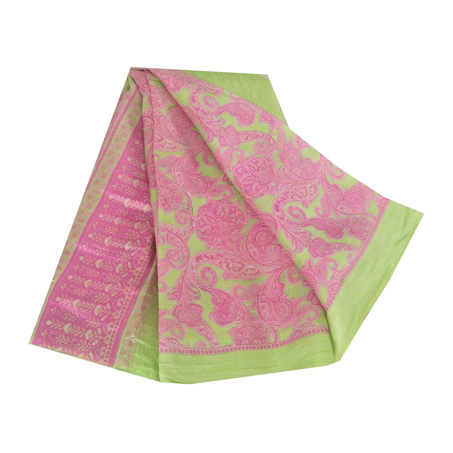 Sanskriti Vintage Sarees Pink/Green 100% Pure Silk Printed Sari 5yd Craft Fabric