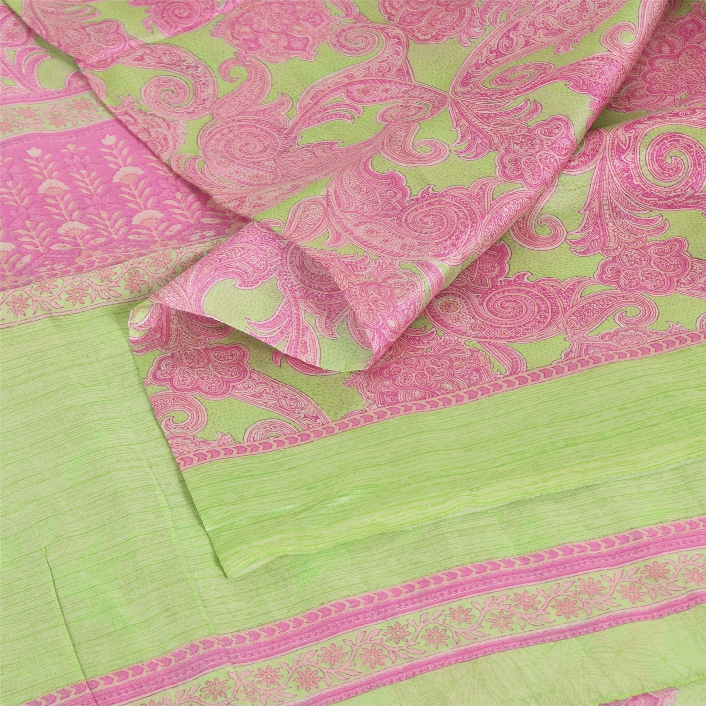 Sanskriti Vintage Sarees Pink/Green 100% Pure Silk Printed Sari 5yd Craft Fabric