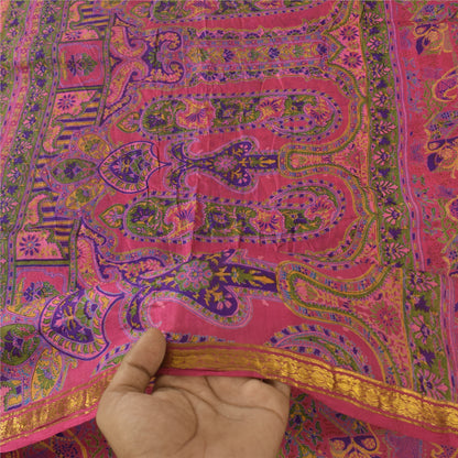 Sanskriti Vintage Sarees Pink Zari Border Pure Silk Print Sari 6yd Craft Fabric