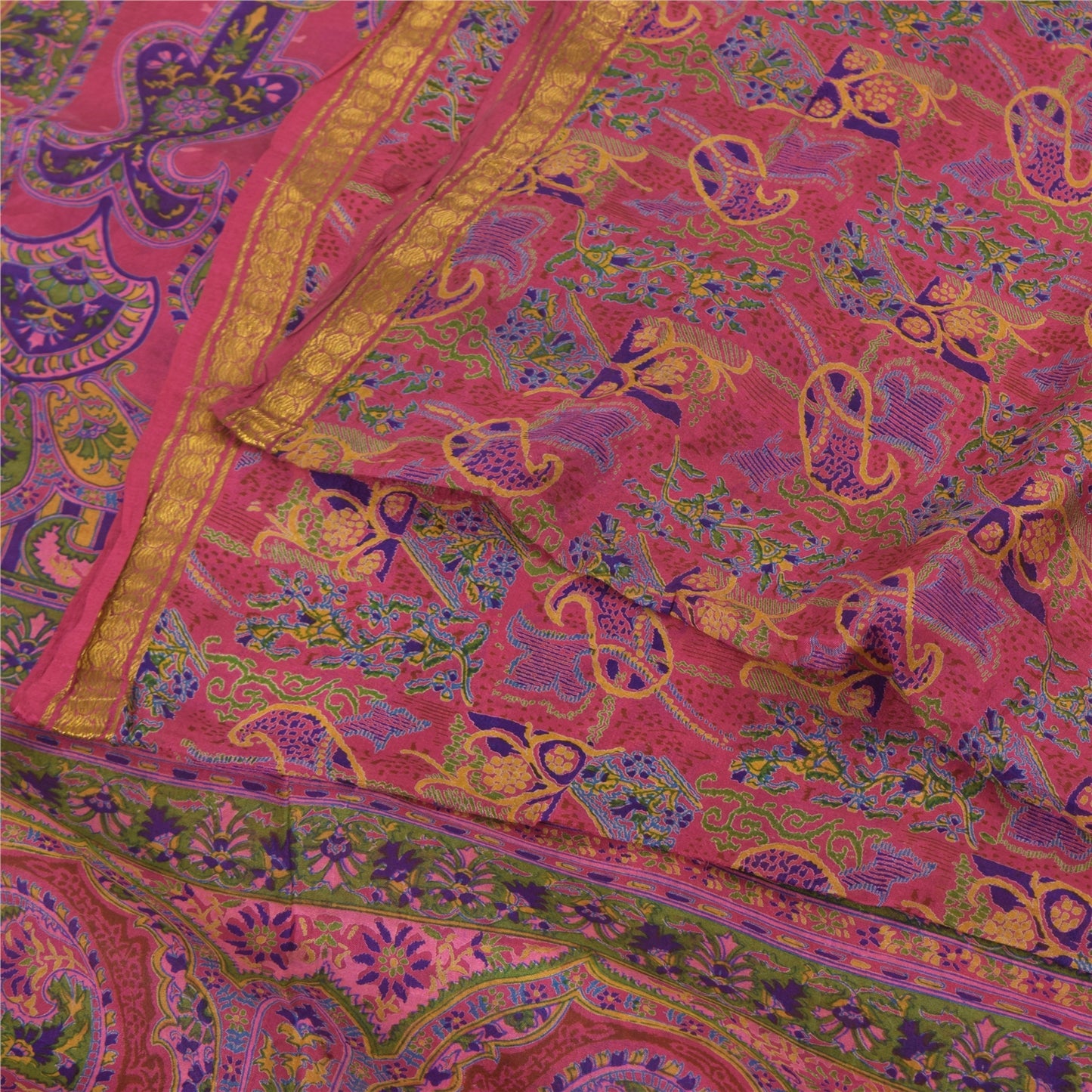 Sanskriti Vintage Sarees Pink Zari Border Pure Silk Print Sari 6yd Craft Fabric