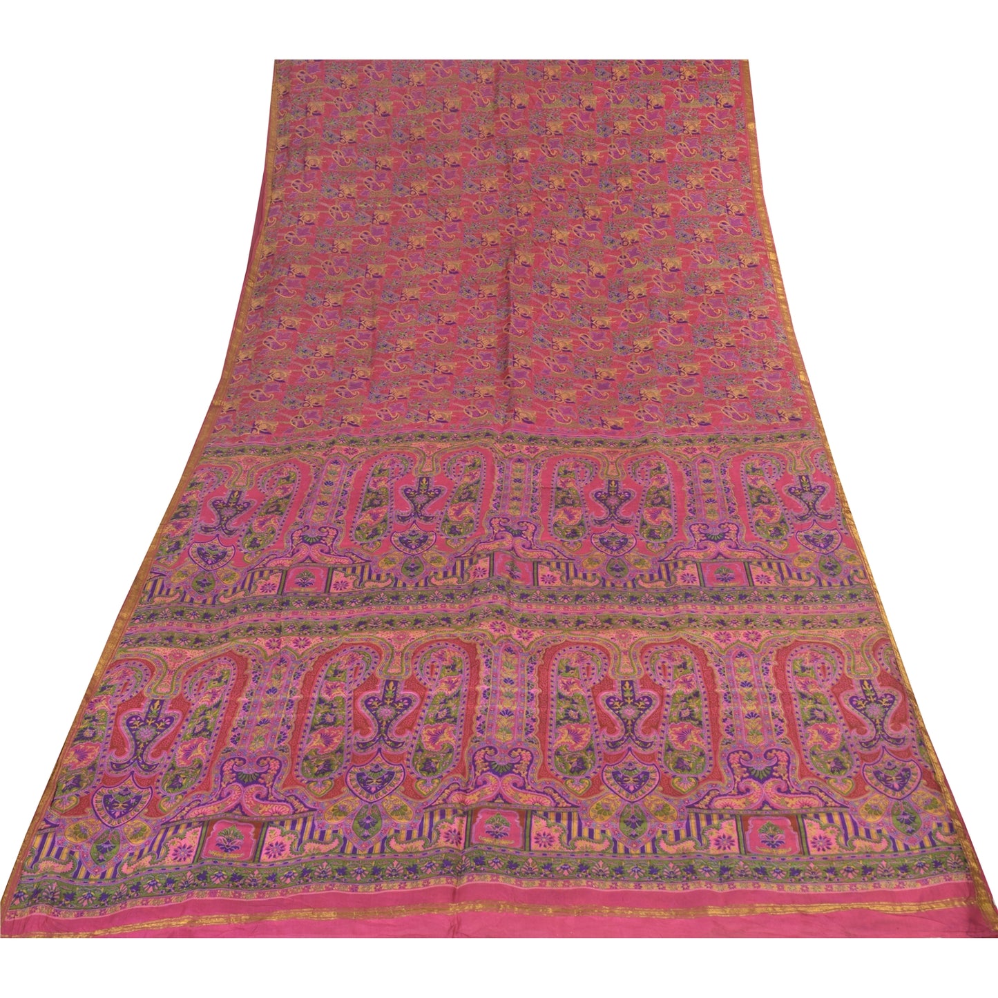 Sanskriti Vintage Sarees Pink Zari Border Pure Silk Print Sari 6yd Craft Fabric