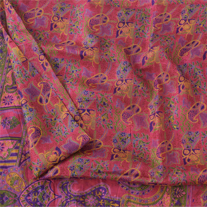 Sanskriti Vintage Sarees Pink Zari Border Pure Silk Print Sari 6yd Craft Fabric