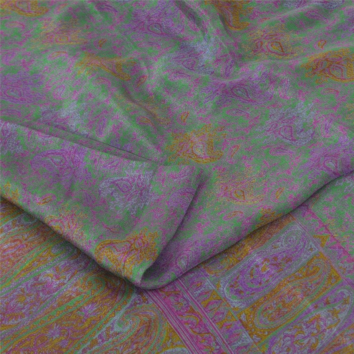 Sanskriti Vintage Sarees Green Pure Silk Printed Sari 6yd Floral Craft Fabric