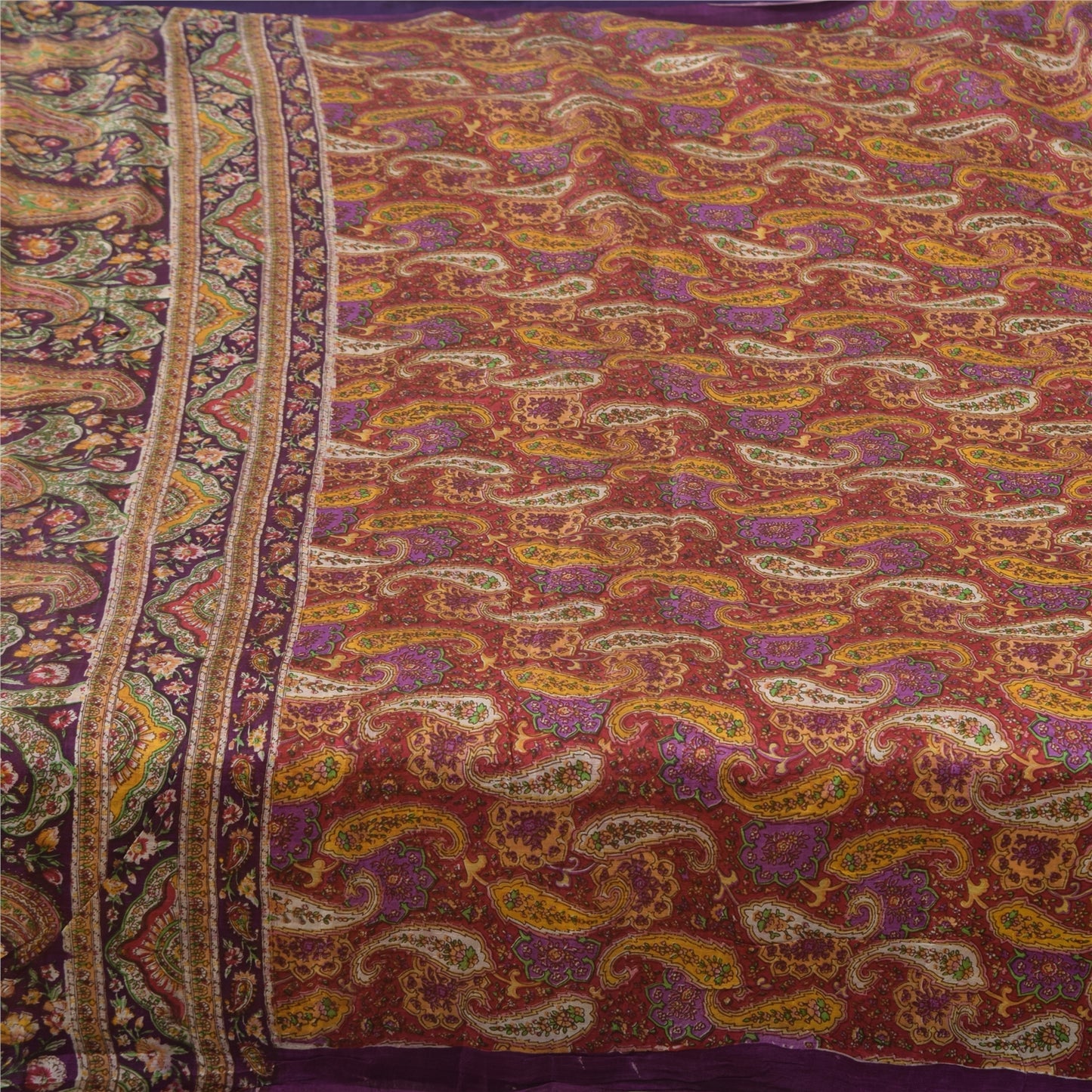 Sanskriti Vintage Sarees Multi Pure Silk Printed Sari 5yd Paisley Craft Fabric