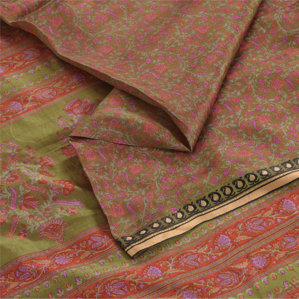 Sanskriti Vintage Sarees Dusty Red Pure Silk Printed Sari 5yd Soft Craft Fabric