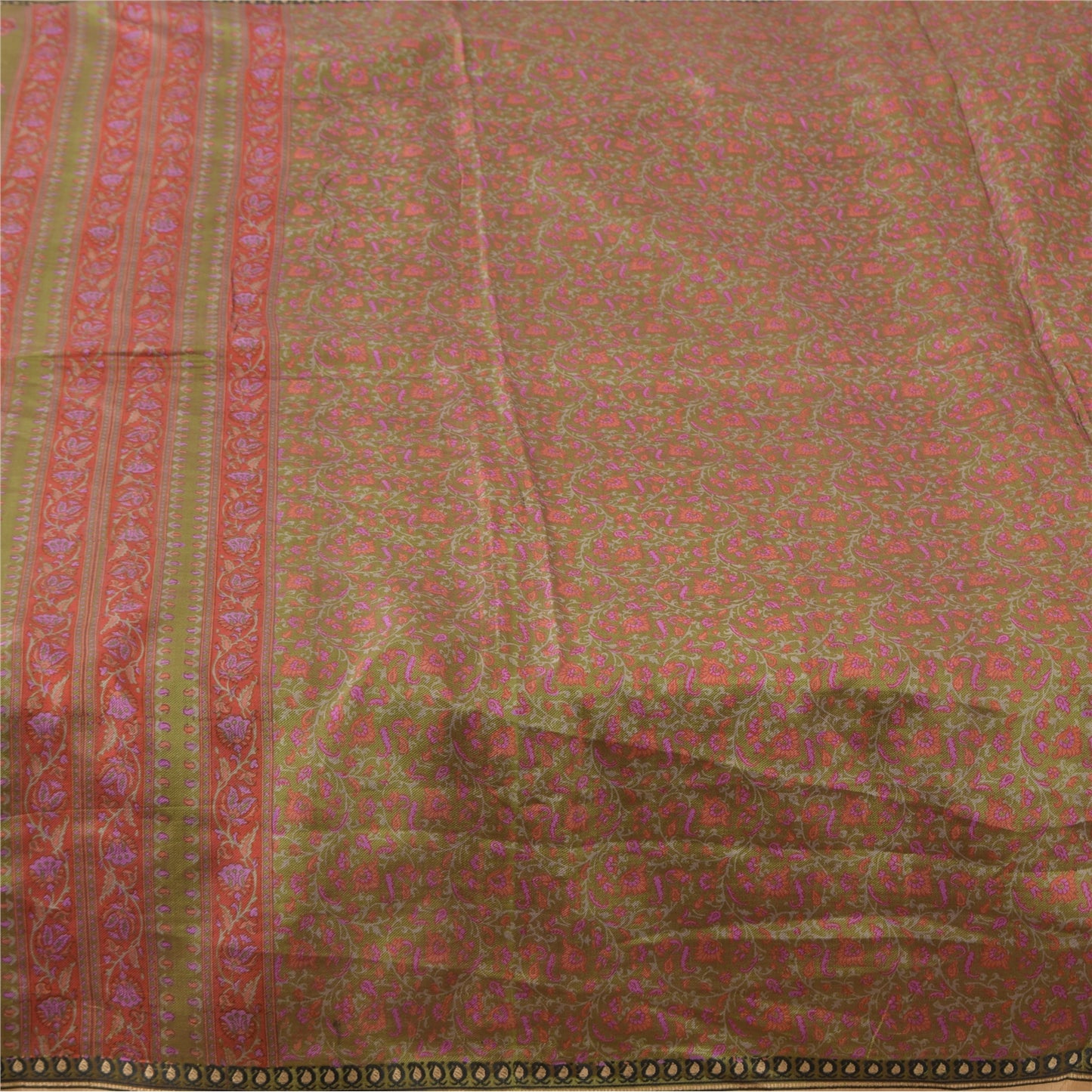 Sanskriti Vintage Sarees Red/Green 100%Pure Silk Printed Sari 6yd Craft Fabric