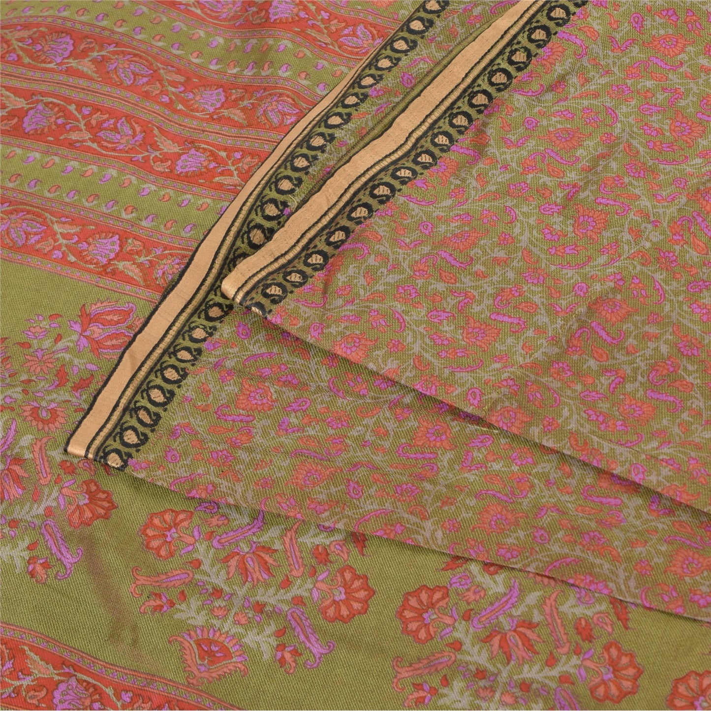 Sanskriti Vintage Sarees Red/Green 100%Pure Silk Printed Sari 6yd Craft Fabric