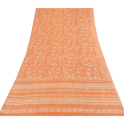 Sanskriti Vintage Sarees Orange Indian Pure Silk Printed Sari 5yd Craft Fabric