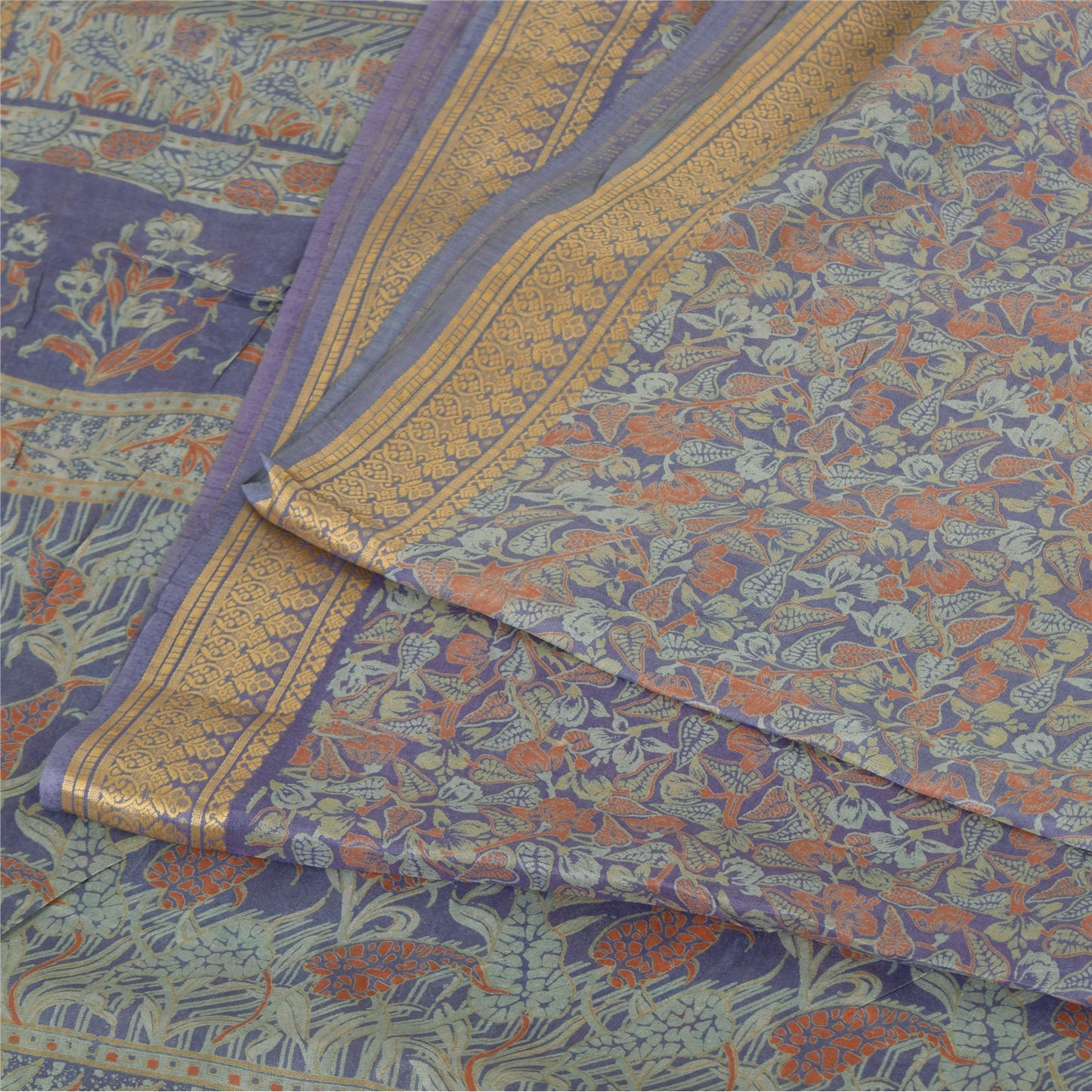 Sanskriti Vintage Sarees Blue Indian Pure Silk Printed Sari 5yd Craft Fabric