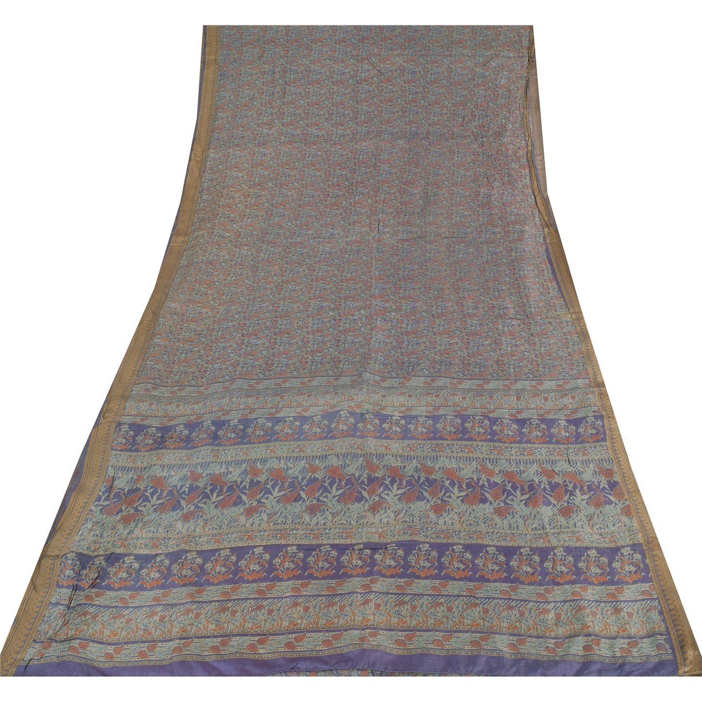 Sanskriti Vintage Sarees Blue Indian Pure Silk Printed Sari 5yd Craft Fabric