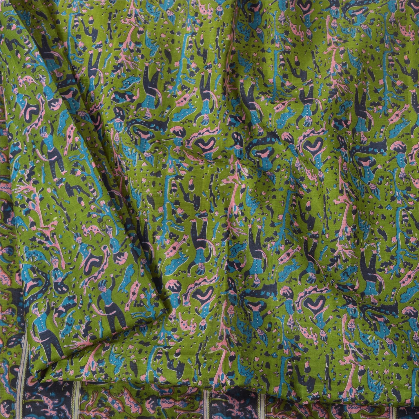 Sanskriti Vintage Sarees Green/Blue 100% Pure Silk Printed Sari 5yd Craft Fabric