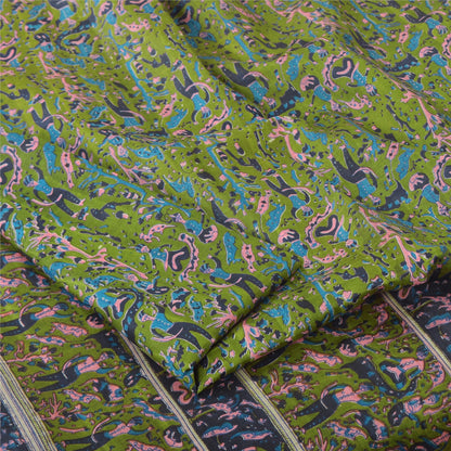 Sanskriti Vintage Sarees Green/Blue 100% Pure Silk Printed Sari 5yd Craft Fabric