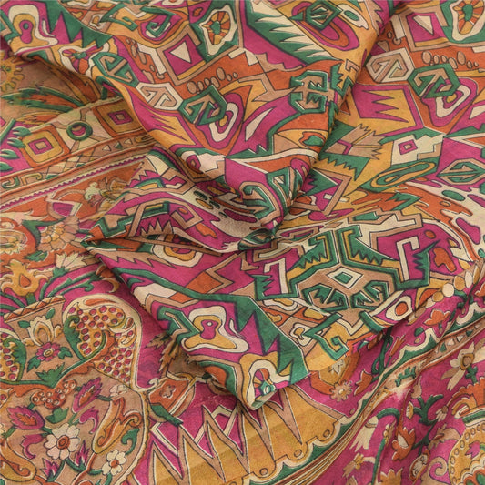 Sanskriti Vintage Sarees Multicolor 100% Pure Silk Printed Sari 5yd Craft Fabric