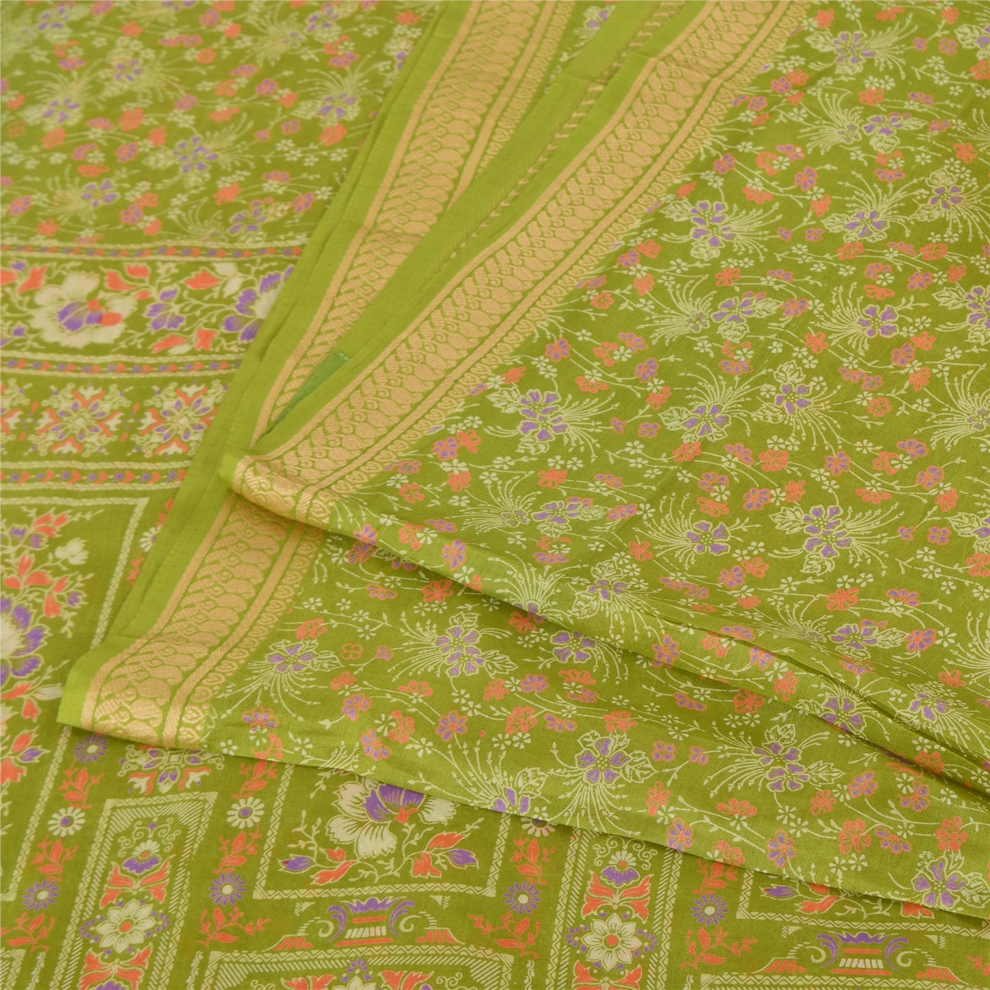 Sanskriti Vintage Sarees Green Pure Silk Floral Printed Sari 5yd Craft Fabric