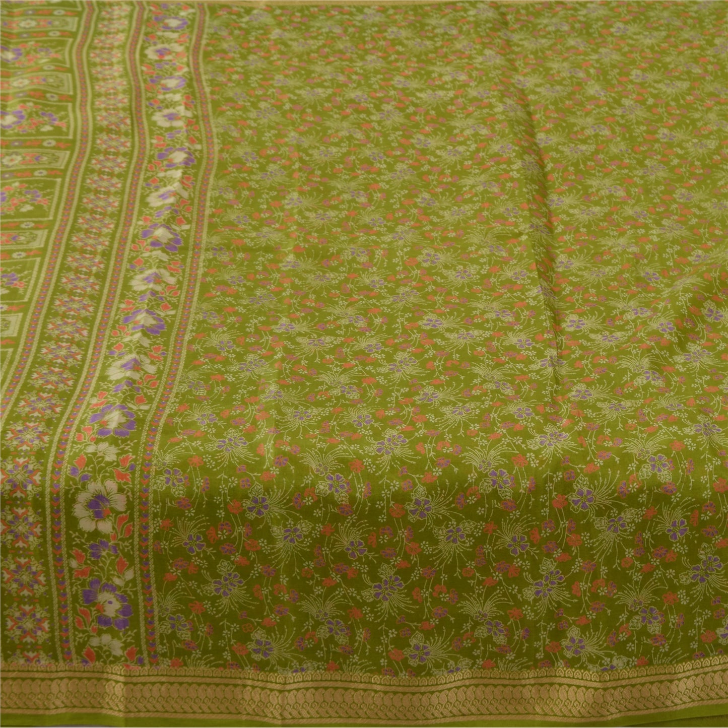 Sanskriti Vintage Sarees Green Pure Silk Floral Printed Sari 5yd Craft Fabric