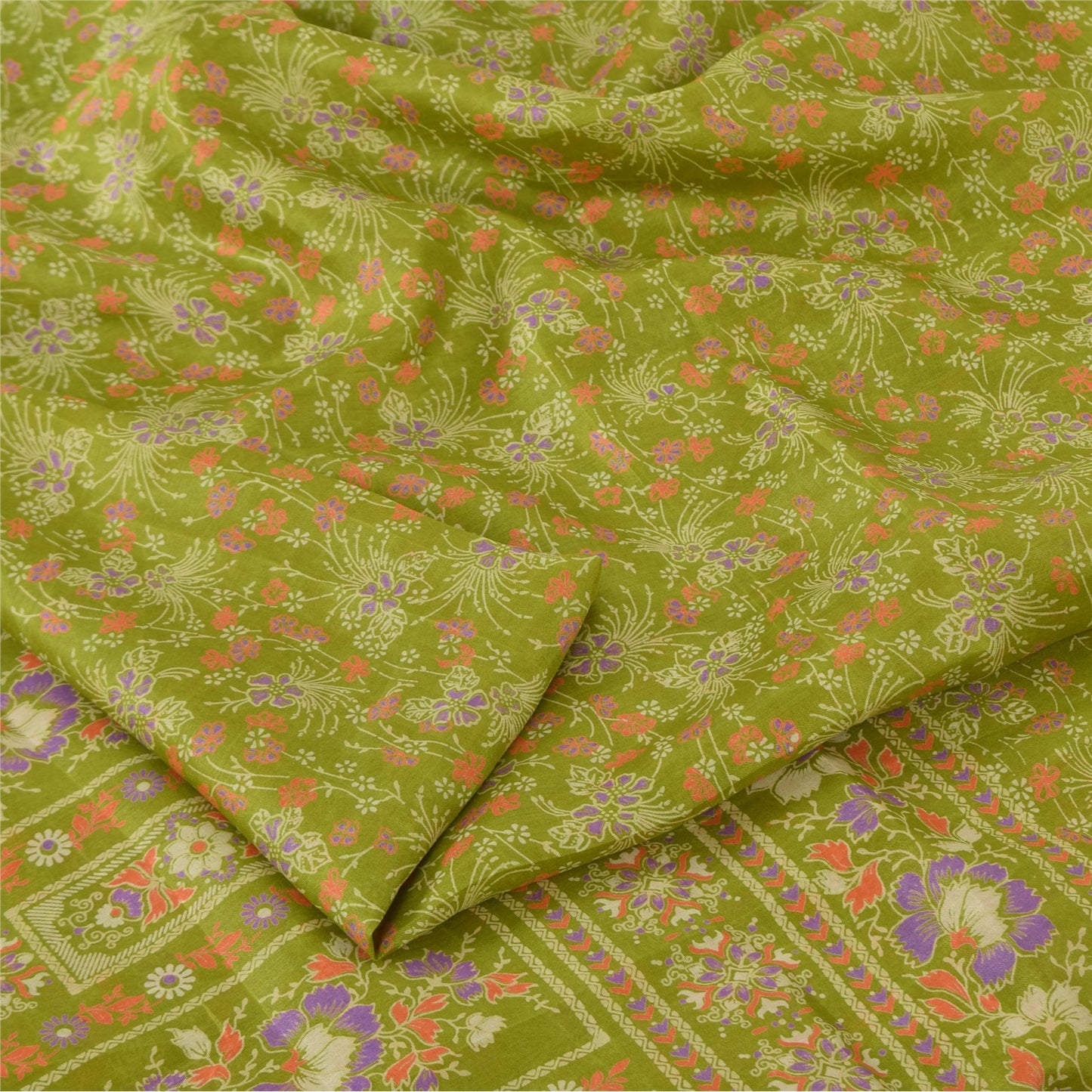 Sanskriti Vintage Sarees Green Pure Silk Floral Printed Sari 5yd Craft Fabric