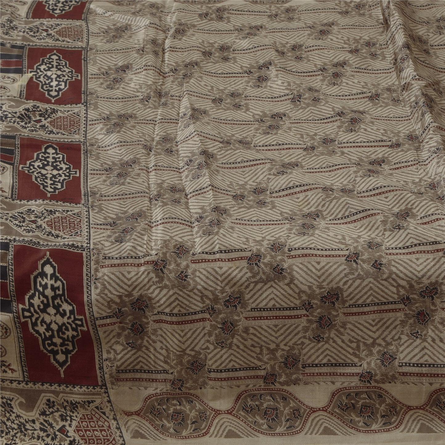 Sanskriti Vintage Sarees Pale-Cream Pure Silk Printed Sari 6yd Soft Craft Fabric