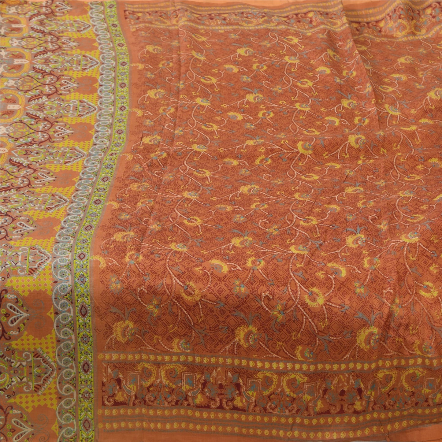 Sanskriti Vintage Sarees Indian Peach Pure Silk Printed Sari 5yd Craft Fabric