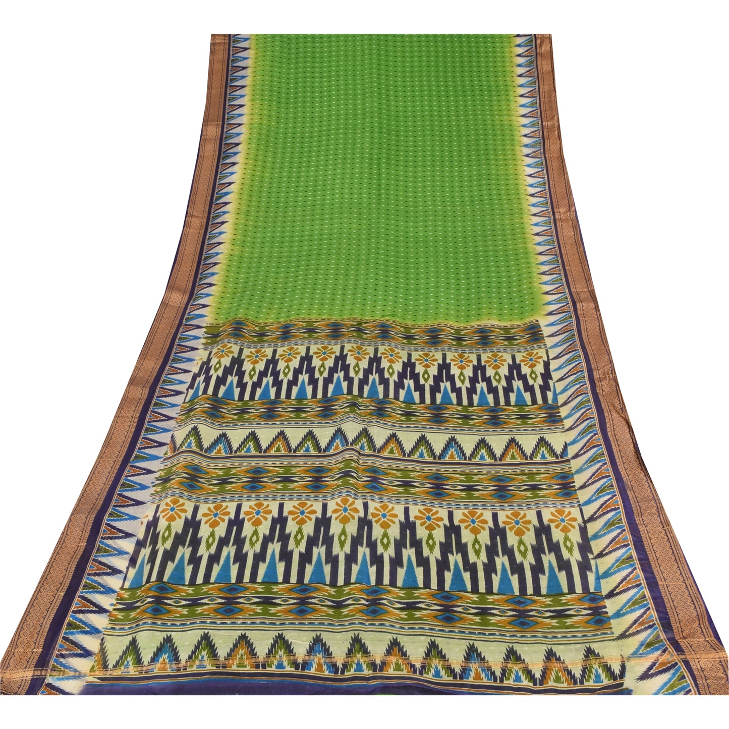 Sanskriti Vintage Sarees Green Woven Border Pure Silk Print Sari Craft Fabric