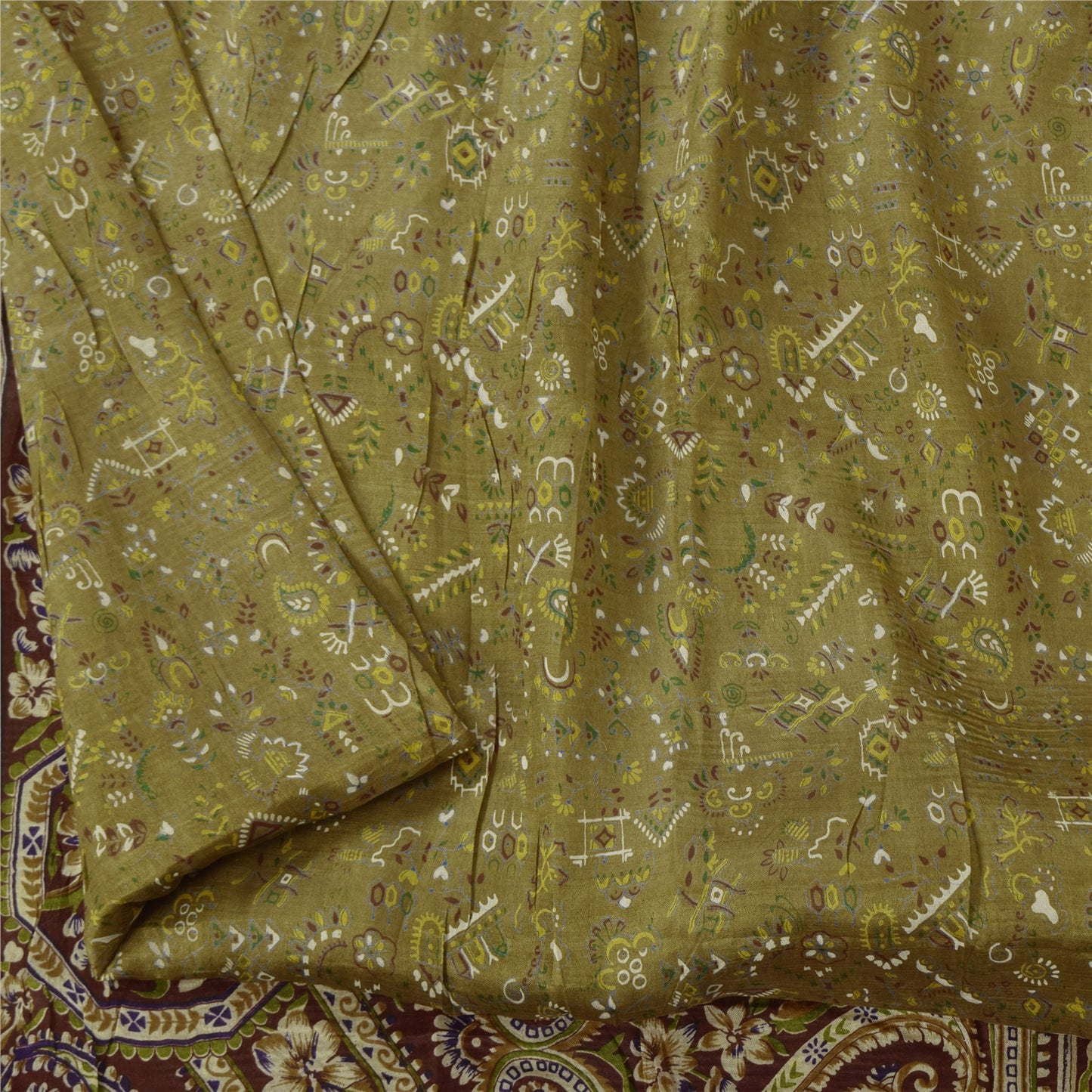 Sanskriti Vintage Sarees Green/Brown Pure Silk Print Sari 5yd Flora Craft Fabric