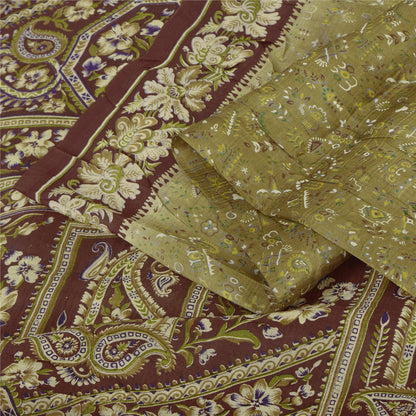 Sanskriti Vintage Sarees Green/Brown Pure Silk Print Sari 5yd Flora Craft Fabric