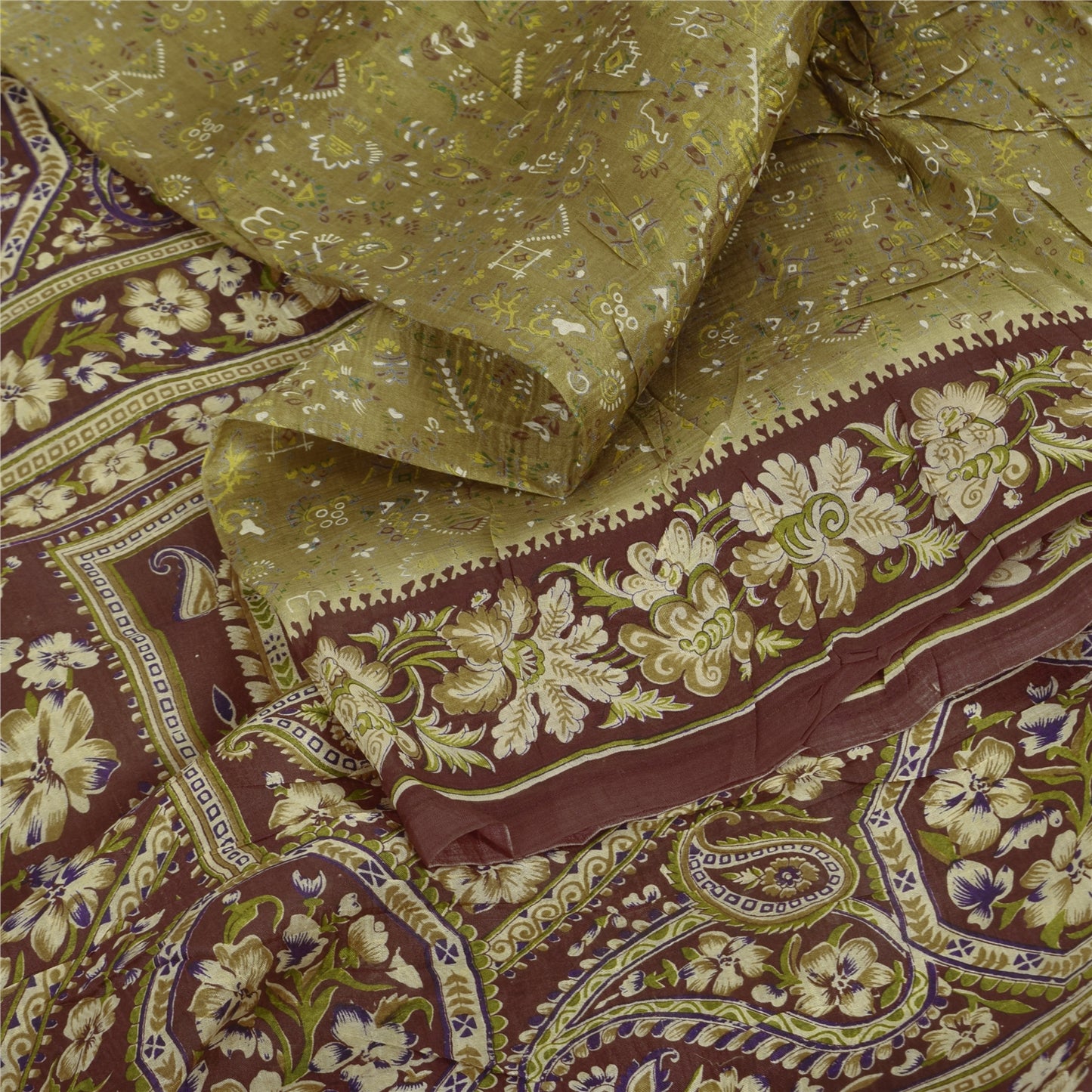 Sanskriti Vintage Sarees Green/Brown Pure Silk Print Sari 5yd Flora Craft Fabric