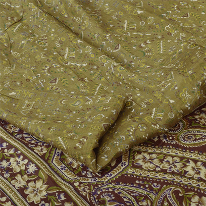 Sanskriti Vintage Sarees Green/Brown Pure Silk Print Sari 5yd Flora Craft Fabric