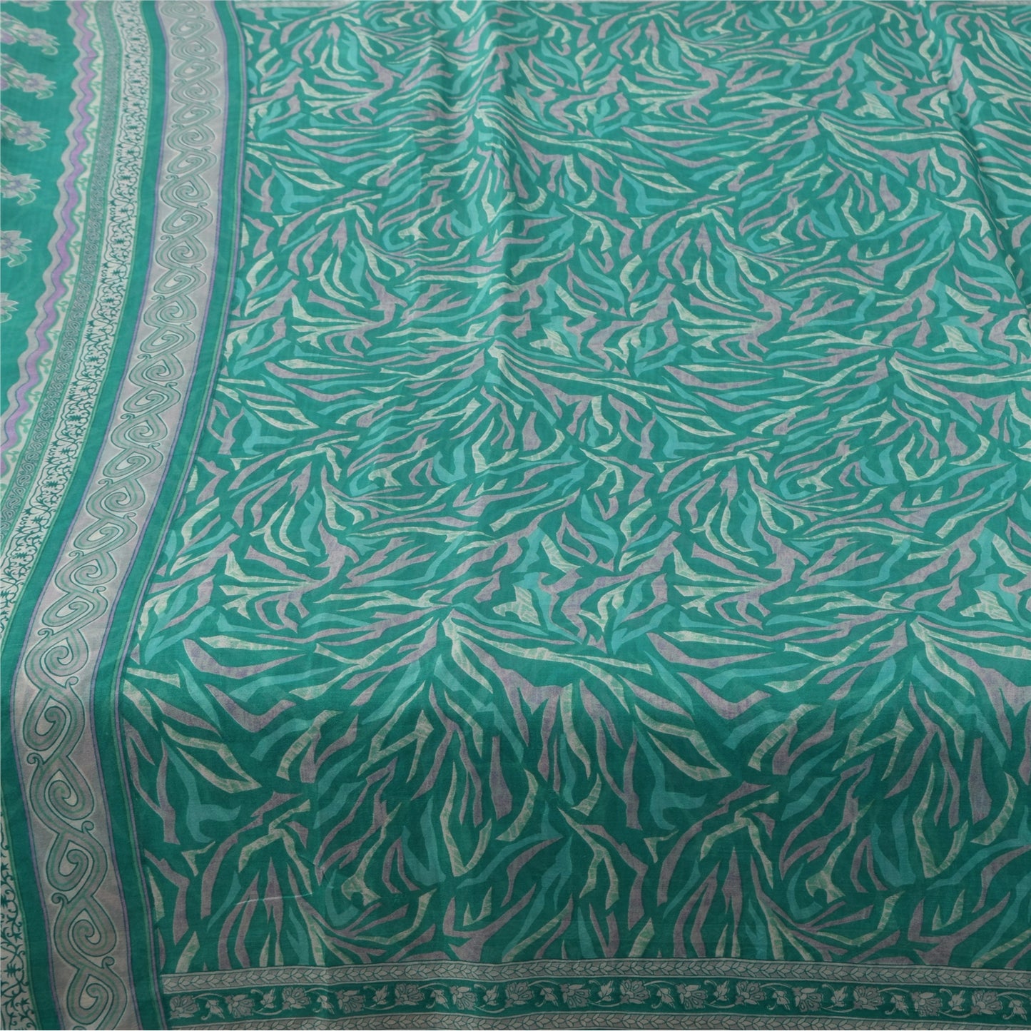 Sanskriti Vintage Sarees Aquamarine Blue Pure Silk Printed Sari 5yd Craft Fabric