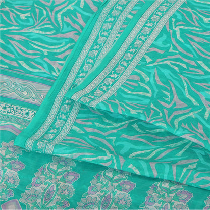 Sanskriti Vintage Sarees Aquamarine Blue Pure Silk Printed Sari 5yd Craft Fabric