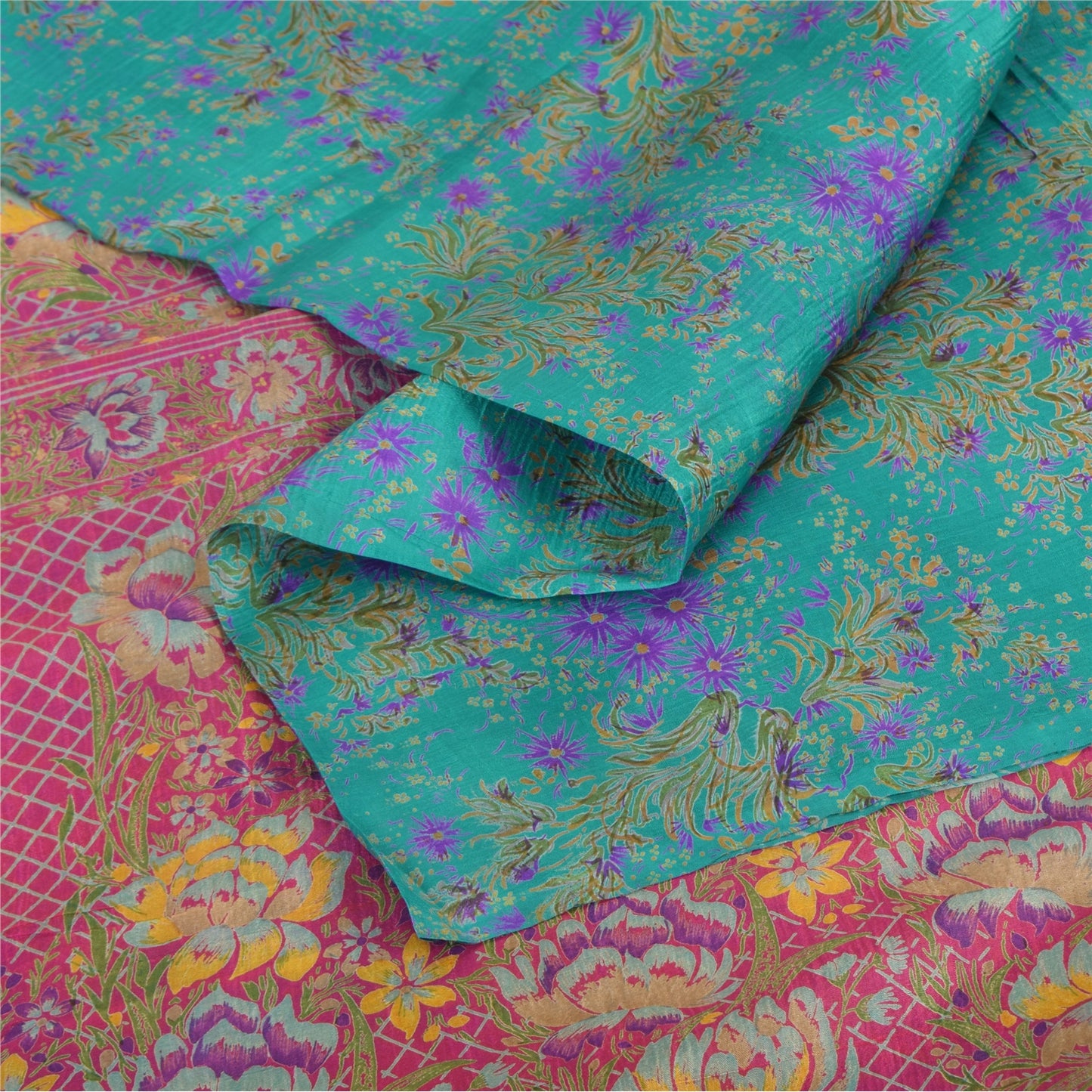 Sanskriti Vintage Sarees Blue/Pink Pure Silk Printed Sari 5yd Soft Craft Fabric