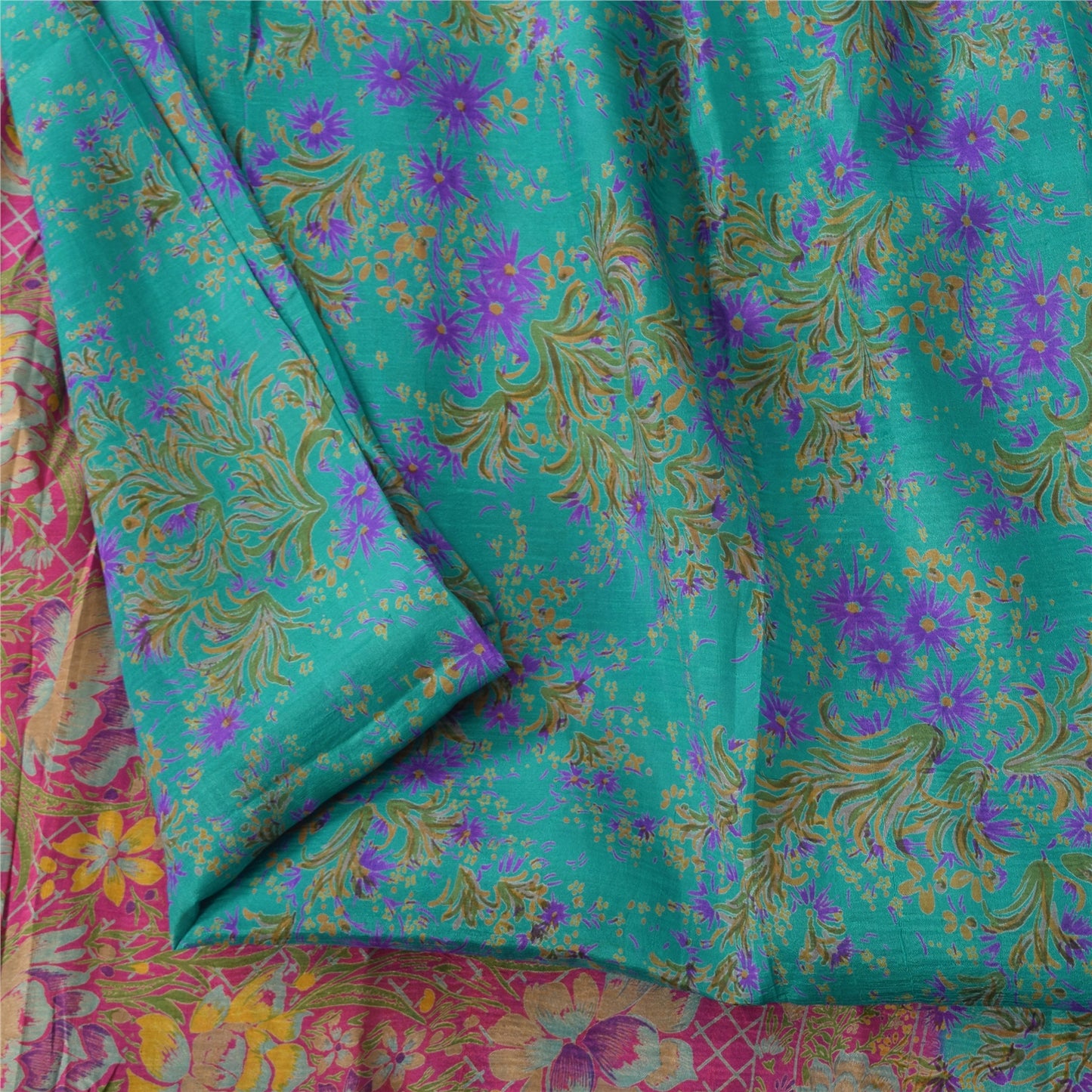 Sanskriti Vintage Sarees Blue/Pink Pure Silk Printed Sari 5yd Soft Craft Fabric