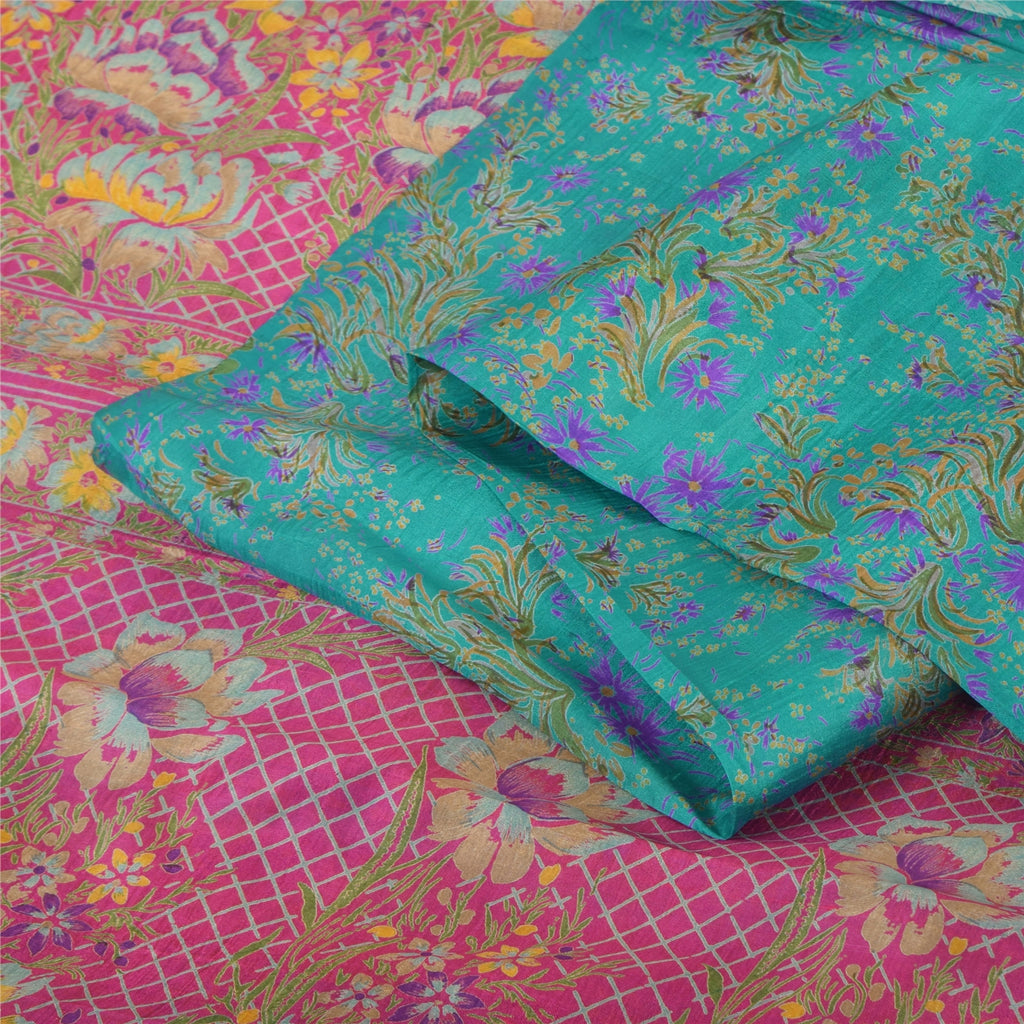 Sanskriti Vintage Sarees Blue/Pink Pure Silk Printed Sari 5yd Soft Craft Fabric