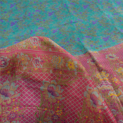 Sanskriti Vintage Sarees Blue/Pink Pure Silk Printed Sari 5yd Soft Craft Fabric