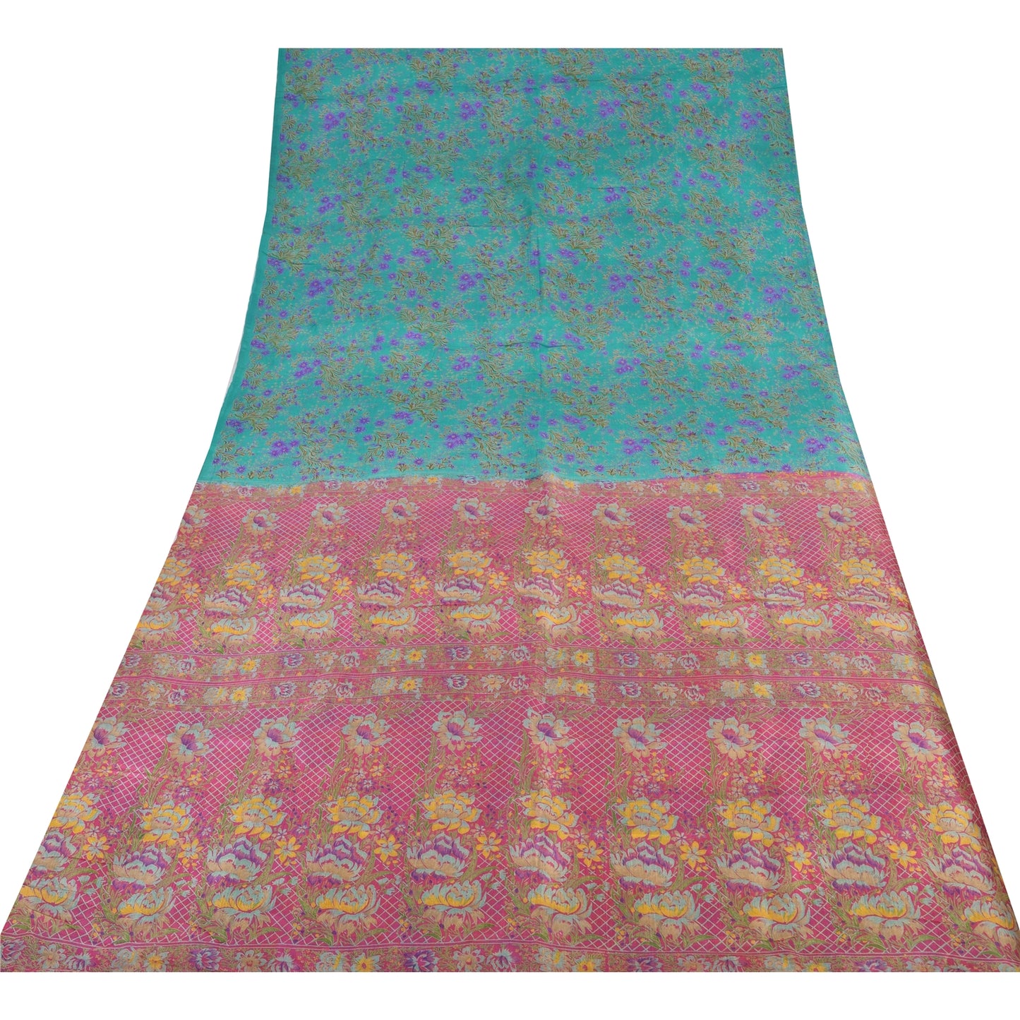 Sanskriti Vintage Sarees Blue/Pink Pure Silk Printed Sari 5yd Soft Craft Fabric