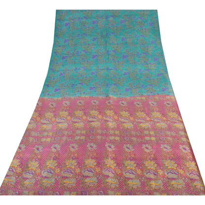 Sanskriti Vintage Sarees Blue/Pink Pure Silk Printed Sari 5yd Soft Craft Fabric