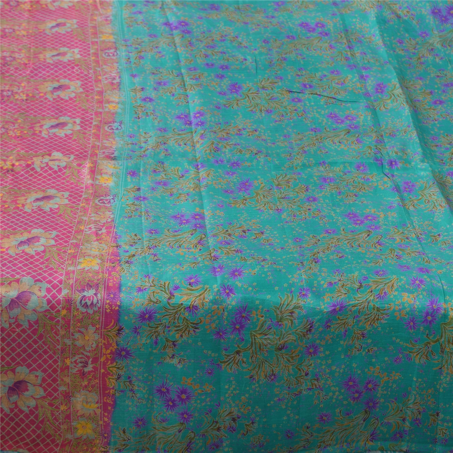 Sanskriti Vintage Sarees Blue/Pink Pure Silk Printed Sari 5yd Soft Craft Fabric